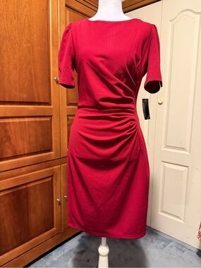 Stella & Julie Red Ruched Midi Dress with Button Sleeve- Brand new- Size 8